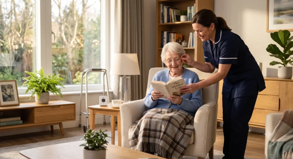 A caregiver assists an older woman with reading in a home-Long-Term Care Planning 2