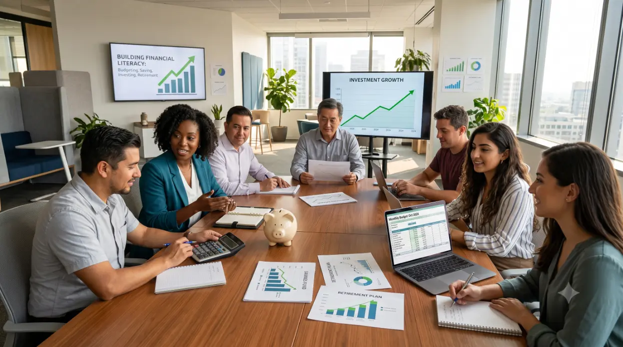 A diverse group in an office with financial graphs-Financial Education1