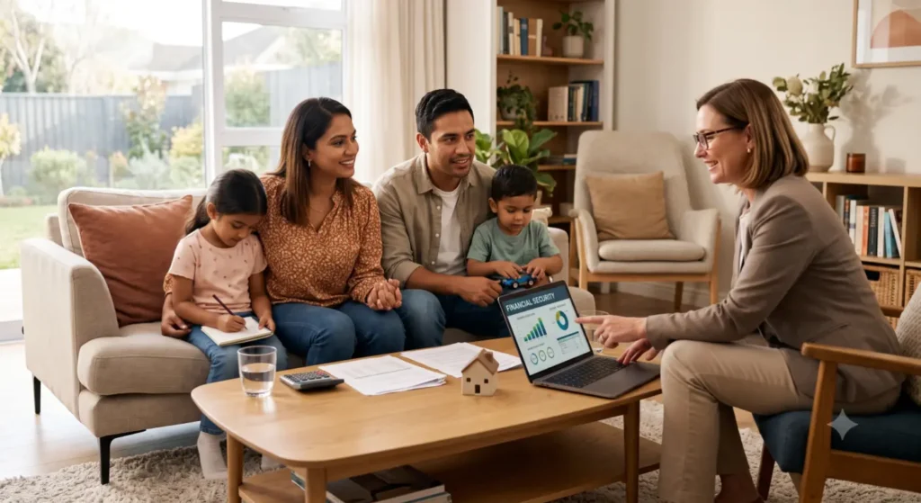 A family gets financial advice in a modern home-Disability Insurance Solutions 2