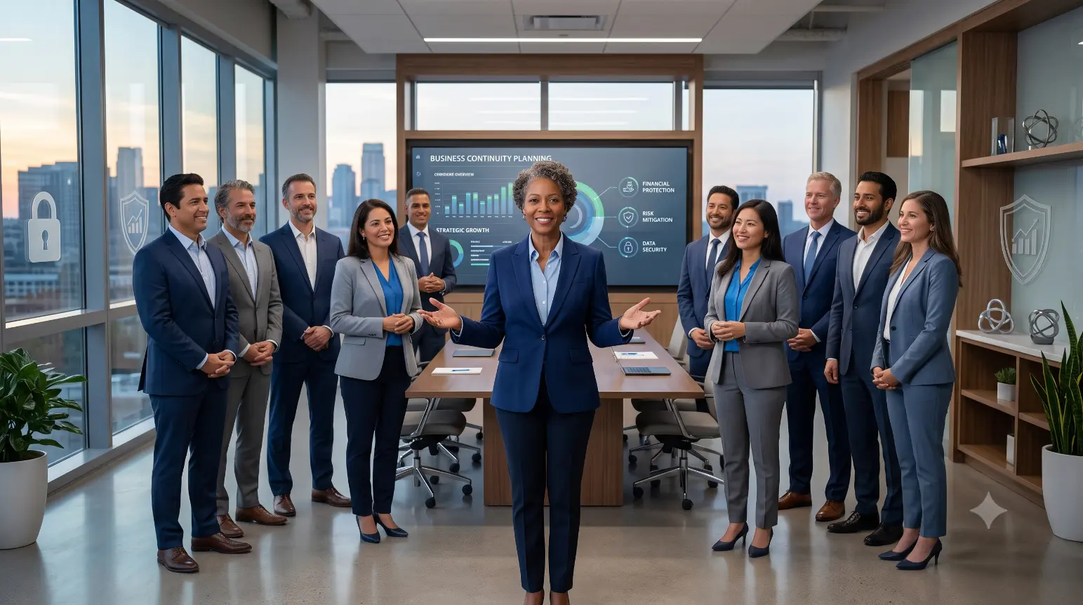 An executive team in a modern office with graphs- Key Person Insurance 1