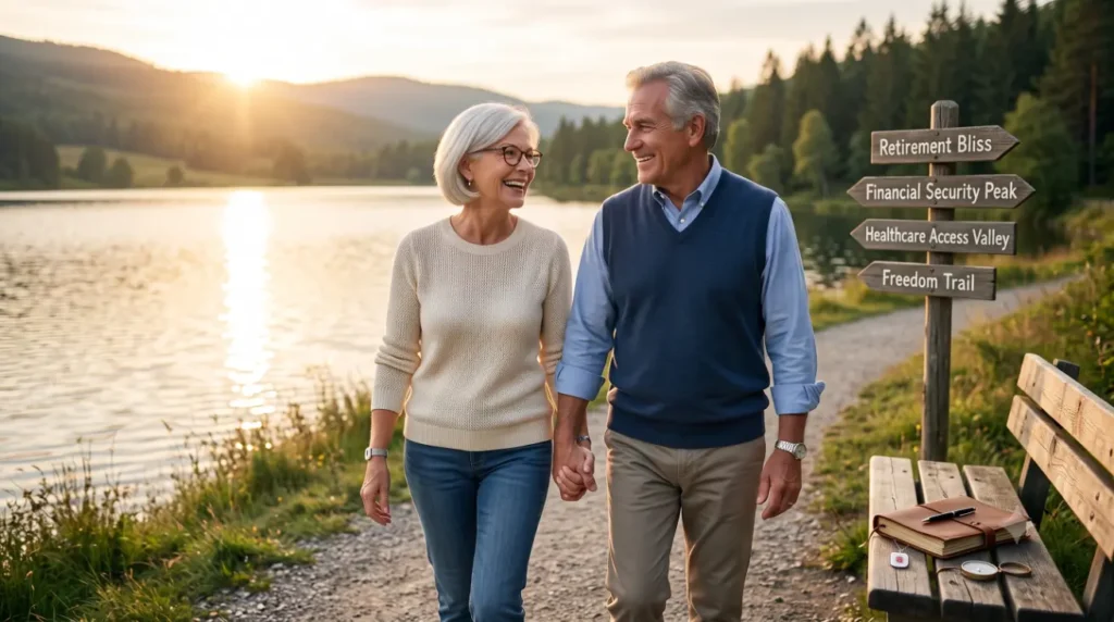 Elderly couple walking, smiling at scenic lake-Long-Term Care Planning3
