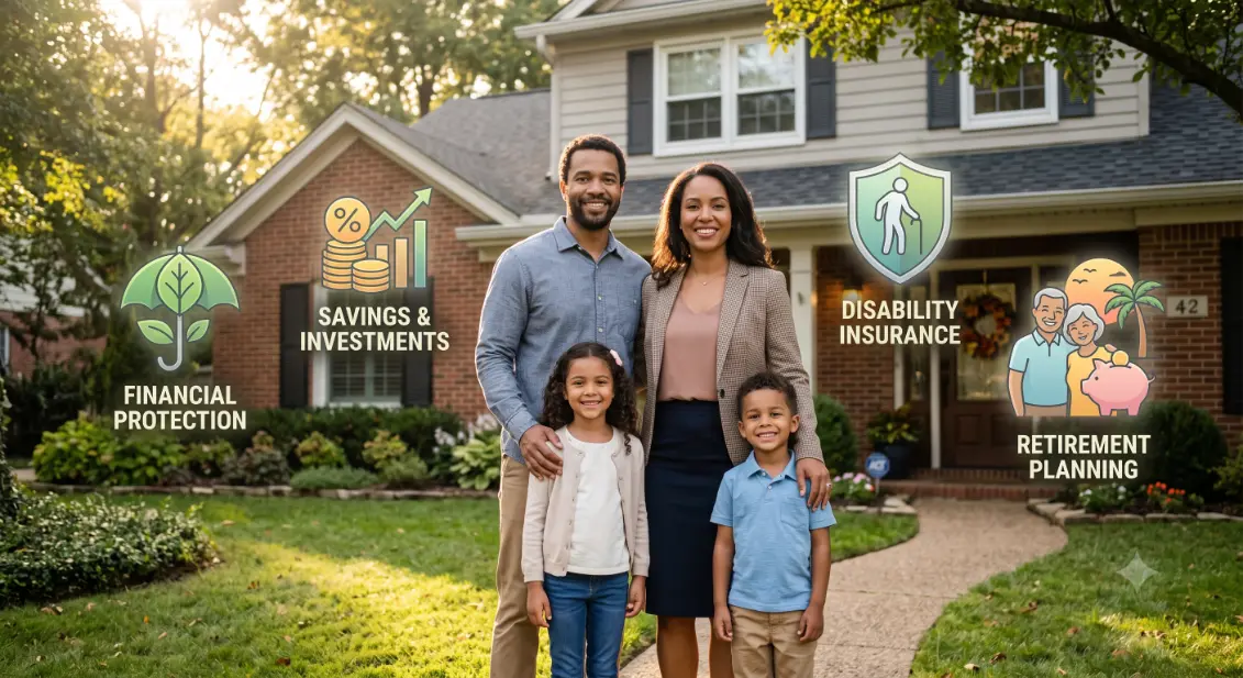Happy family in front of home, with financial icons-Disability Insurance Solutions 1