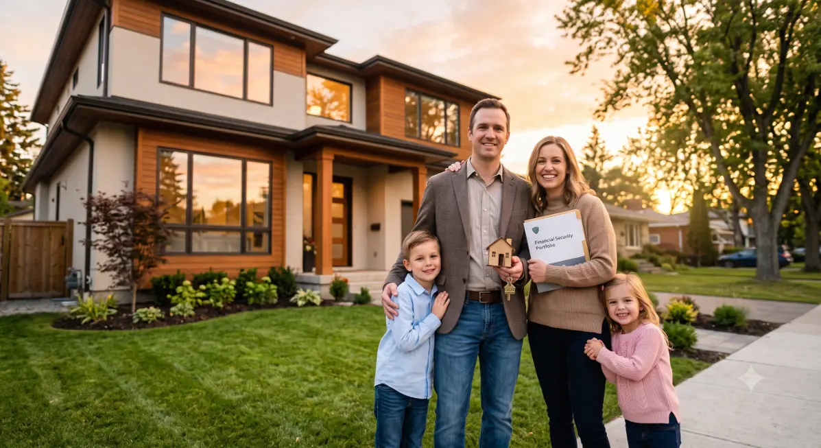 Happy family of four standing outside their home-Mortgage Protection1