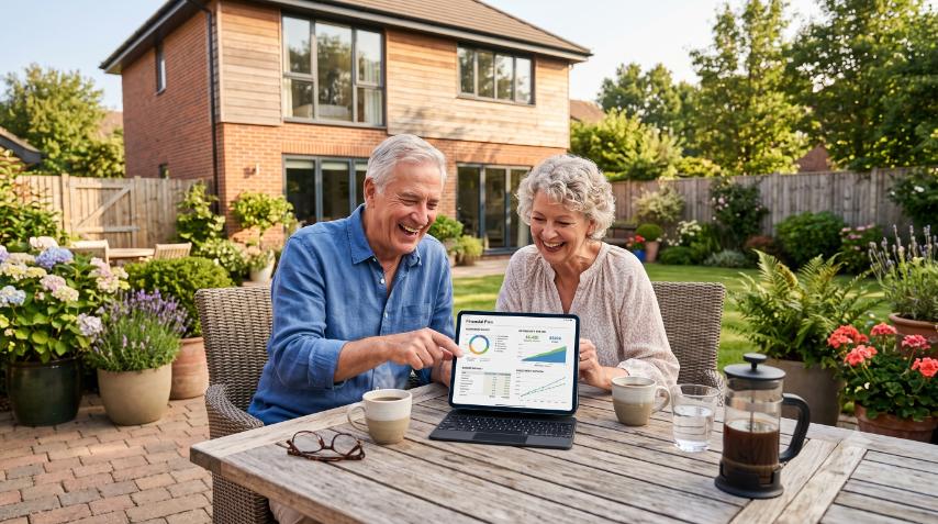 Happy retired couple reviewing financial plans on patio-Retirement Income Concepts 2