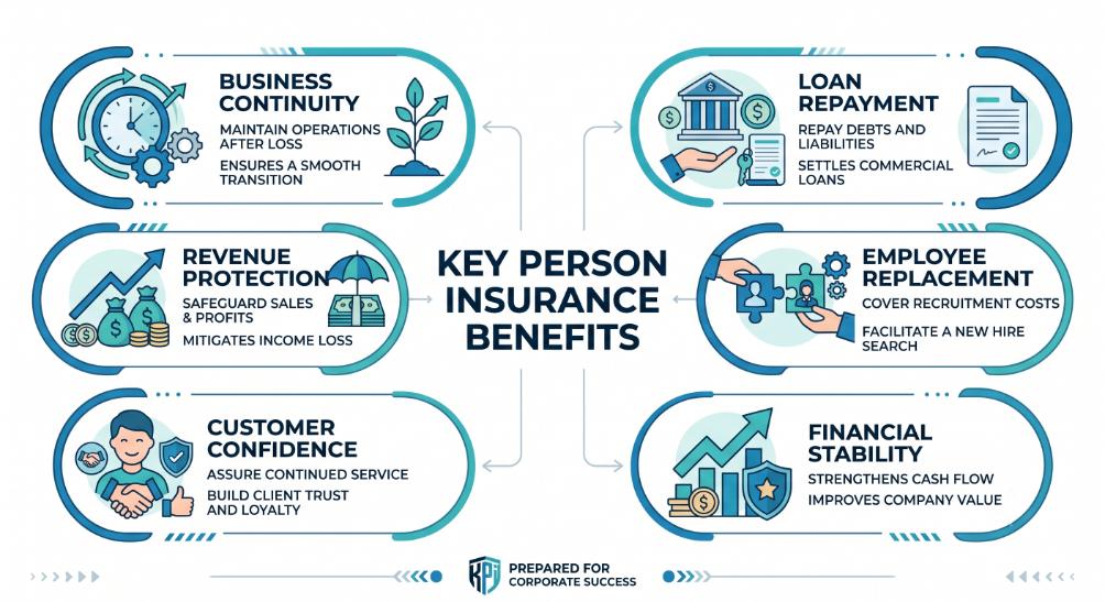 Infographic with 6 key person insurance benefits-Key Person Insurance 3
