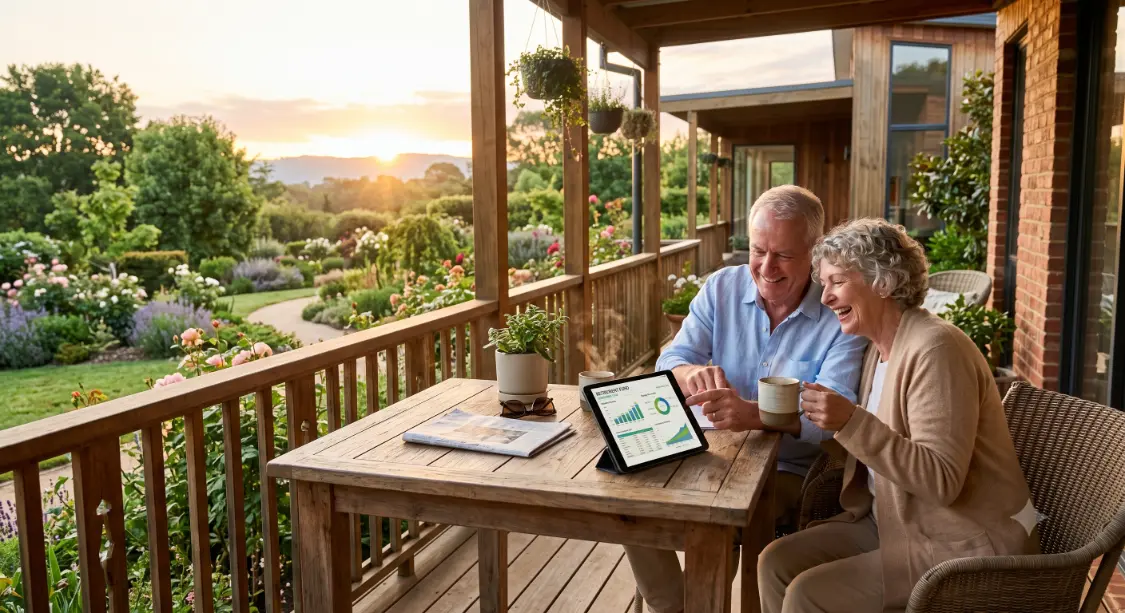 Retired couple enjoying coffee on porch at sunrise-Guaranteed Life Time Income 1
