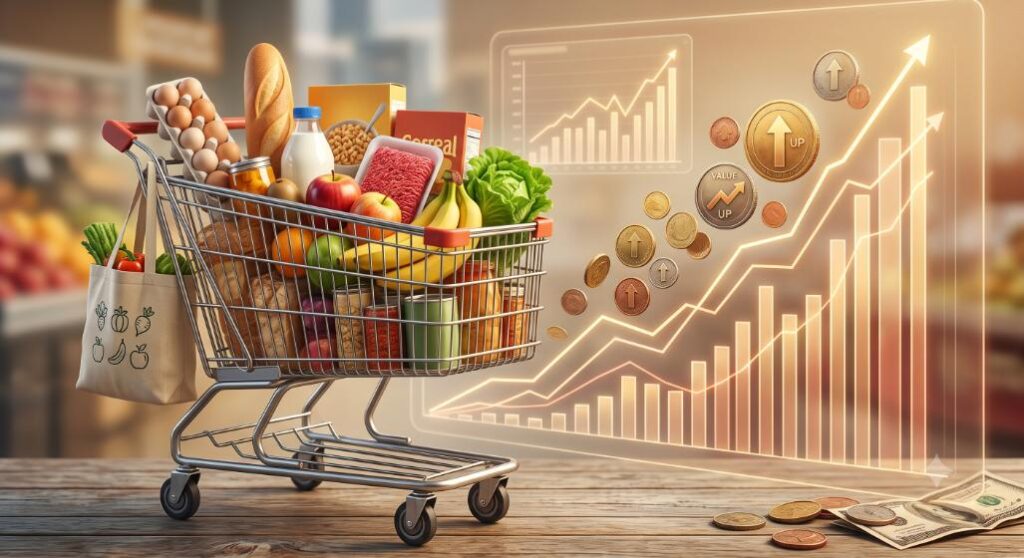 Shopping cart and upward charts, symbolizing inflation-Retirement Income Concepts 3