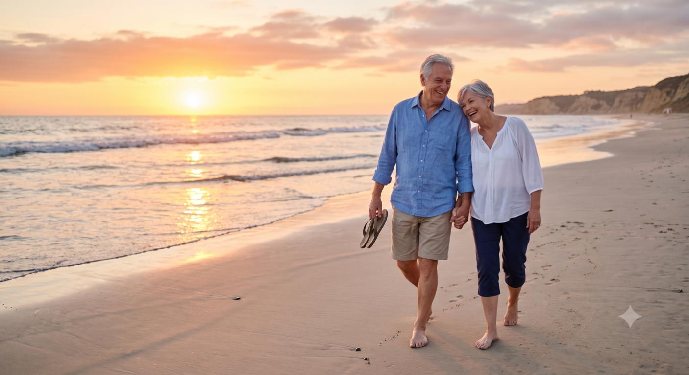 Smiling senior couple strolling along a warm sunset beach-Retirement Income Concepts1