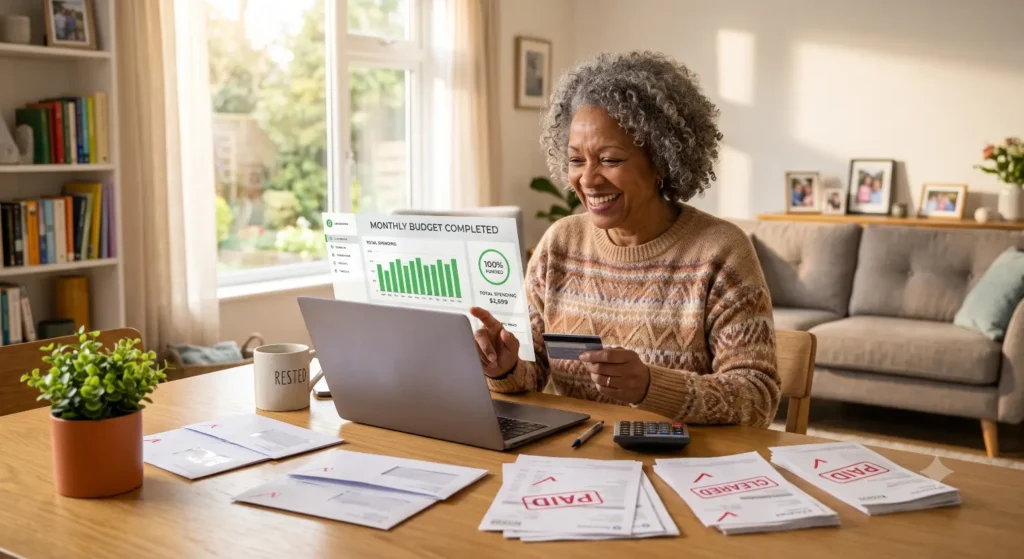Smiling woman managing budget with paid bills at home-Guaranteed Life Time Income 3