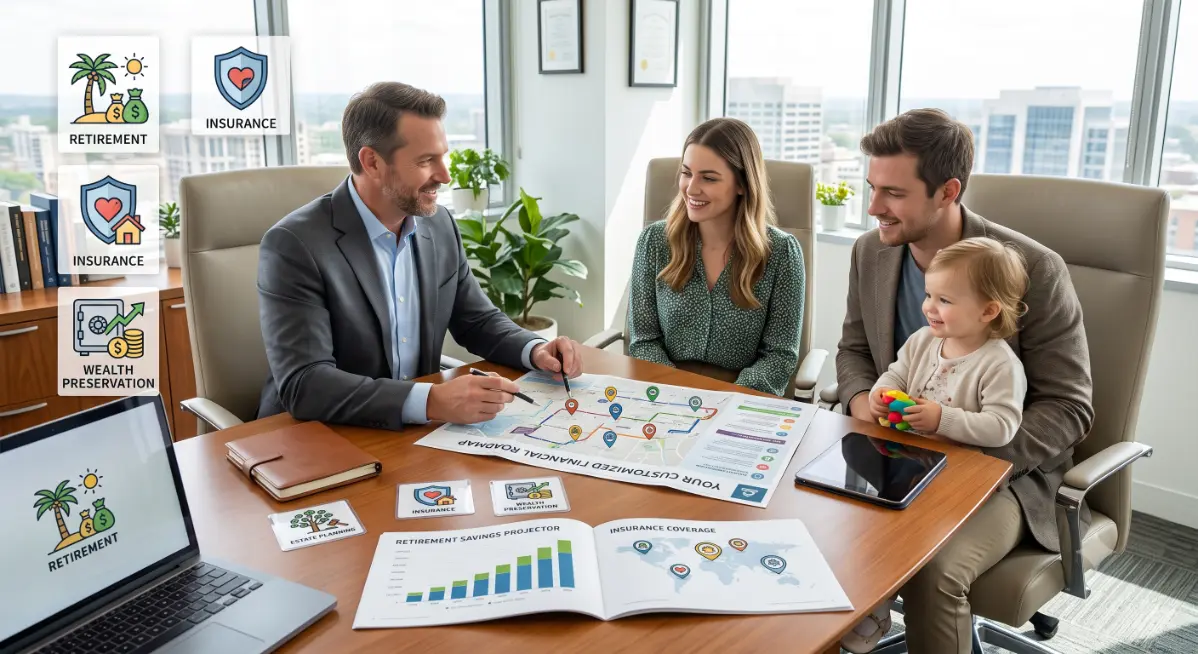 Young family consults professional in modern city office-Power of Passive Income 1
