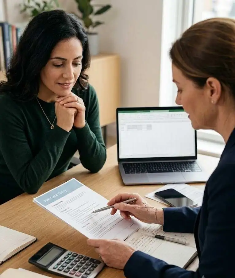 Close-up of agent reviewing policy paperwork during client consultation - insurance provider representative- 2