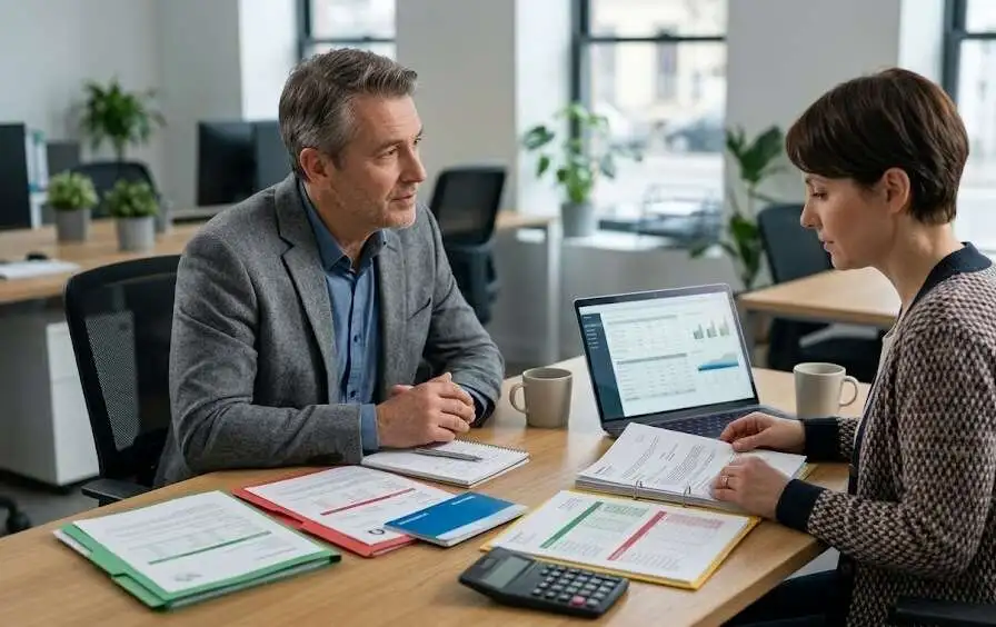 Financial advisor in a grey blazer discussing planning documents and laptop data with a female client at a modern office table - complimentary financial needs analysis- 1