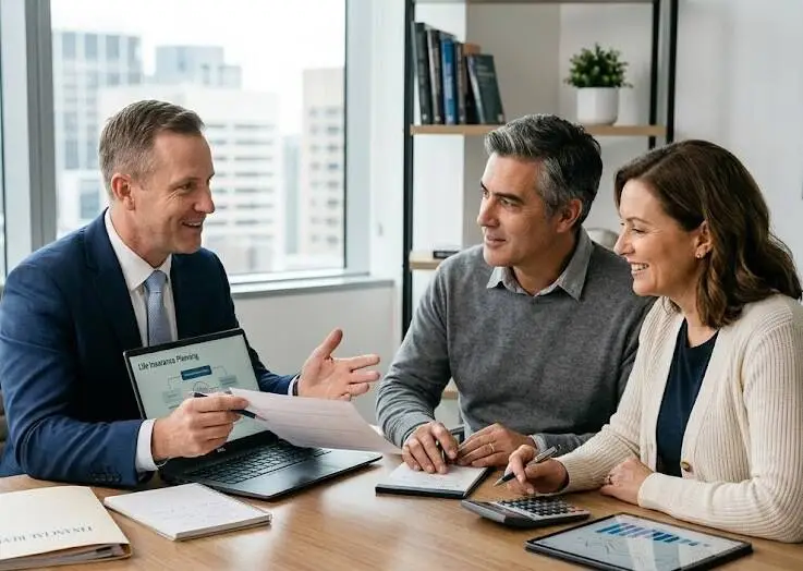 A smiling life insurance professional reviews a policy on a laptop with a client couple. - Life Insurance Professional -1