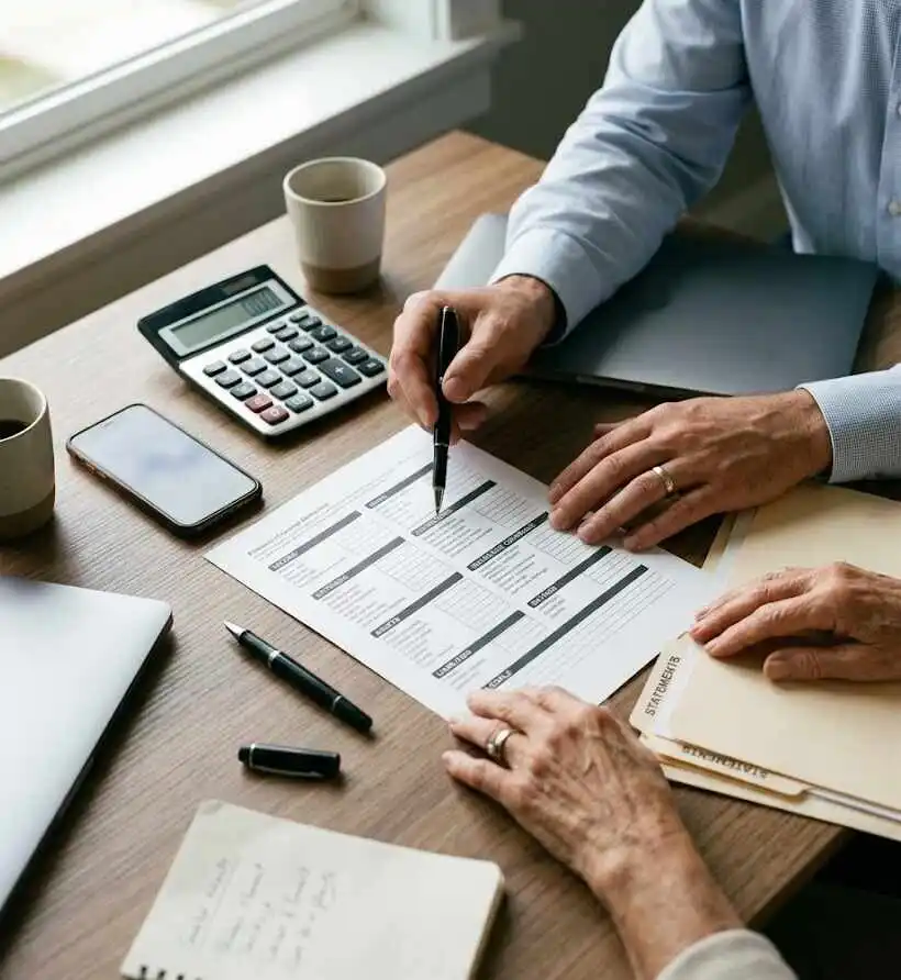 Close-up of advisor and client hands analyzing a structured financial planning worksheet on a wooden desk with a calculator and files - complimentary financial needs analysis- 2
