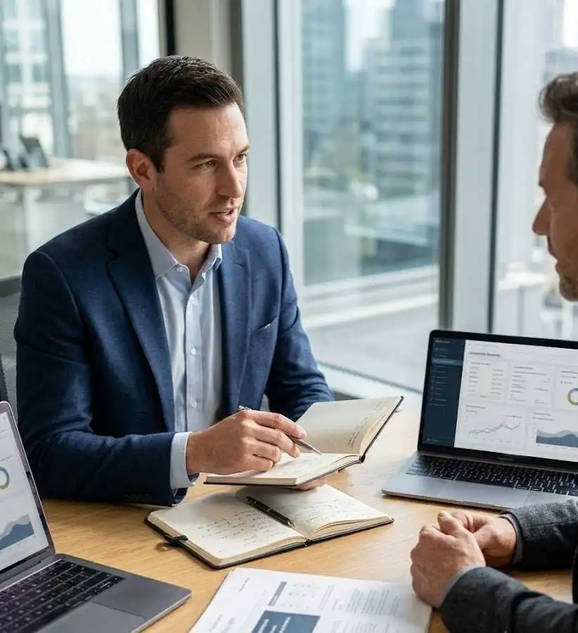 Close-up of financial advisor reviewing notebook with client - business opportunity in finance domain- 2