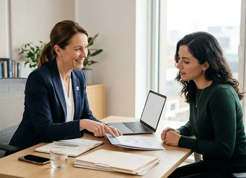Professional advisor discussing policy terms with client across office desk - insurance provider representative -1