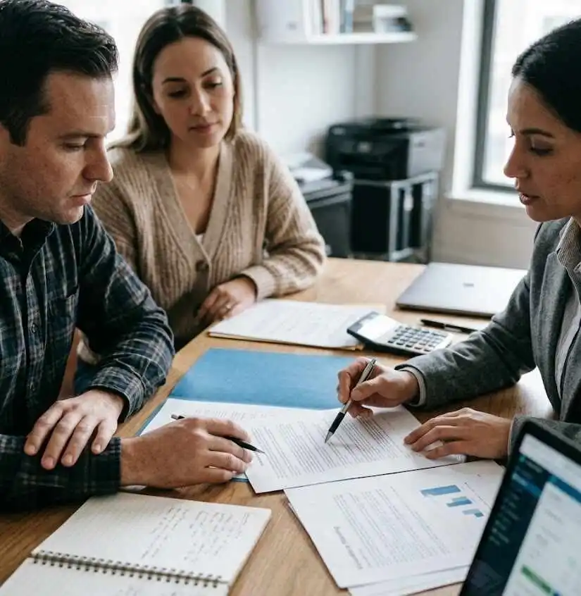 A close-up of a business owner and a financial advisor reviewing paper documents on an office desk during a meeting. - Buy-Sell Funding - 2