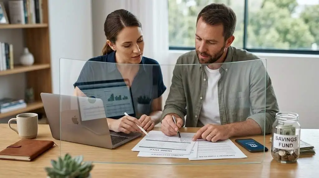 a couple reviewing financial documents and a laptop behind a protective transparent shield in a home office - protection strategies -1
