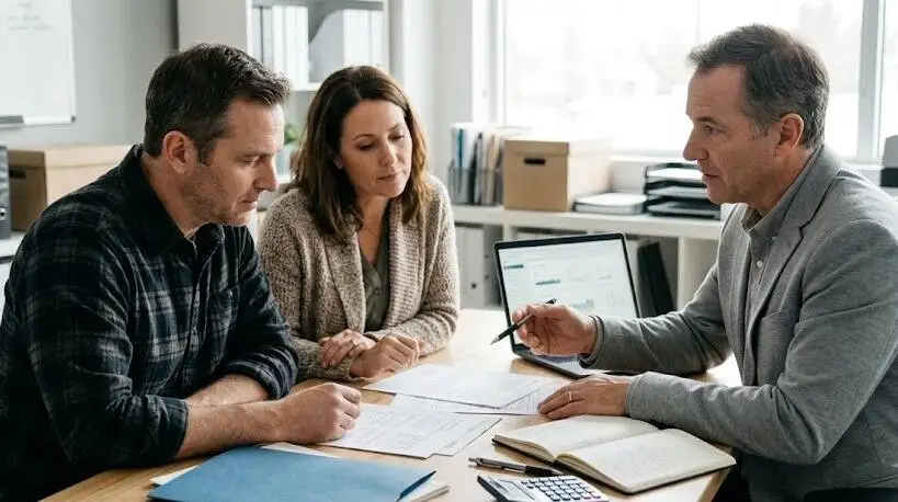 wo small-business co-owners meeting with a financial advisor in a modern office to discuss their succession plans at a desk. - Buy-Sell Funding - 1