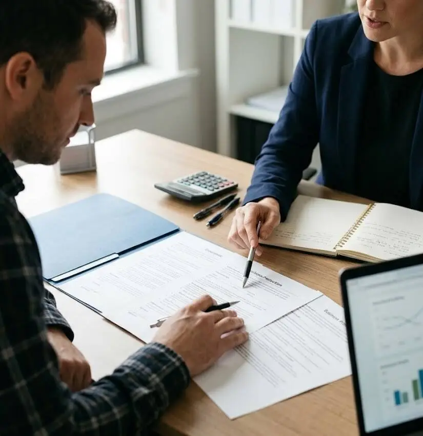 A close-up of a business owner and an advisor pointing to sections of a plan on a desk. - Buy & Sell agreement - 2