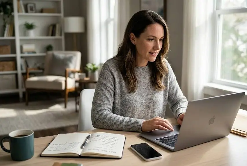 Woman working on laptop at home office desk - Part time income- 1