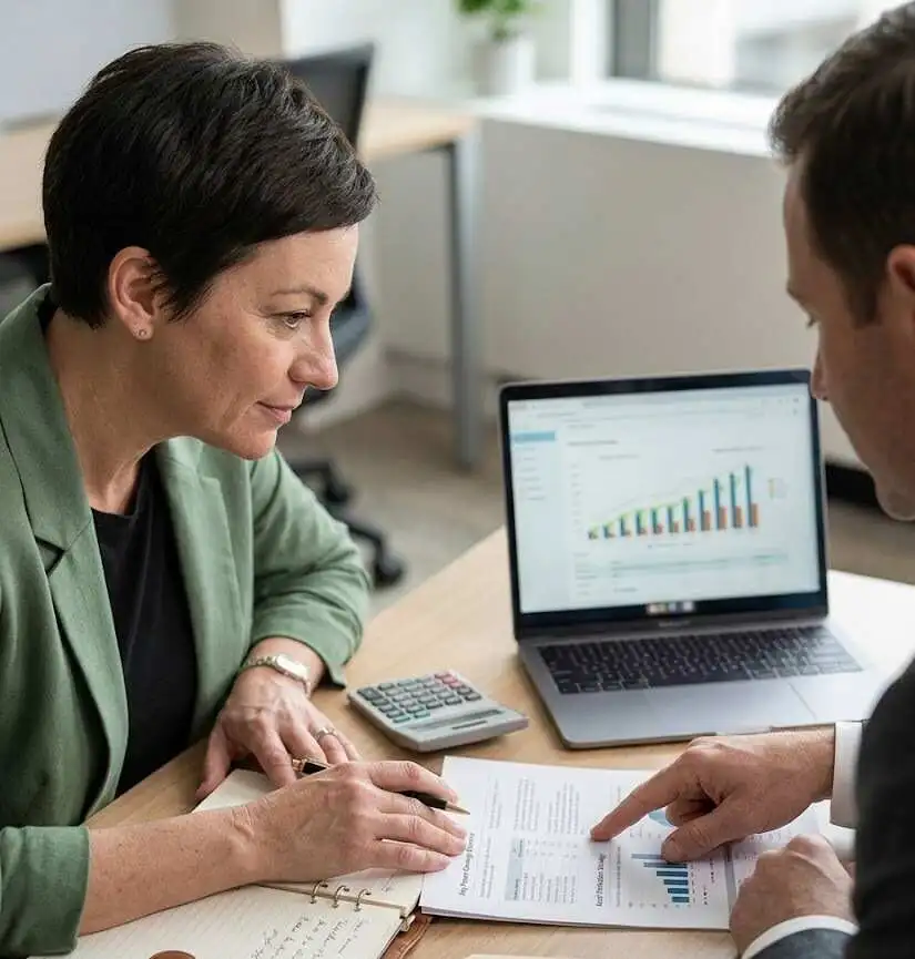 Close view of advisor pointing to planning paperwork with entrepreneur - business owners solutions- 2
