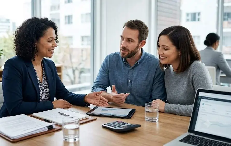 Licensed Life Insurance Agent explains policy to couple using a tablet in a modern office - Licensed Life Insurance Agent -1