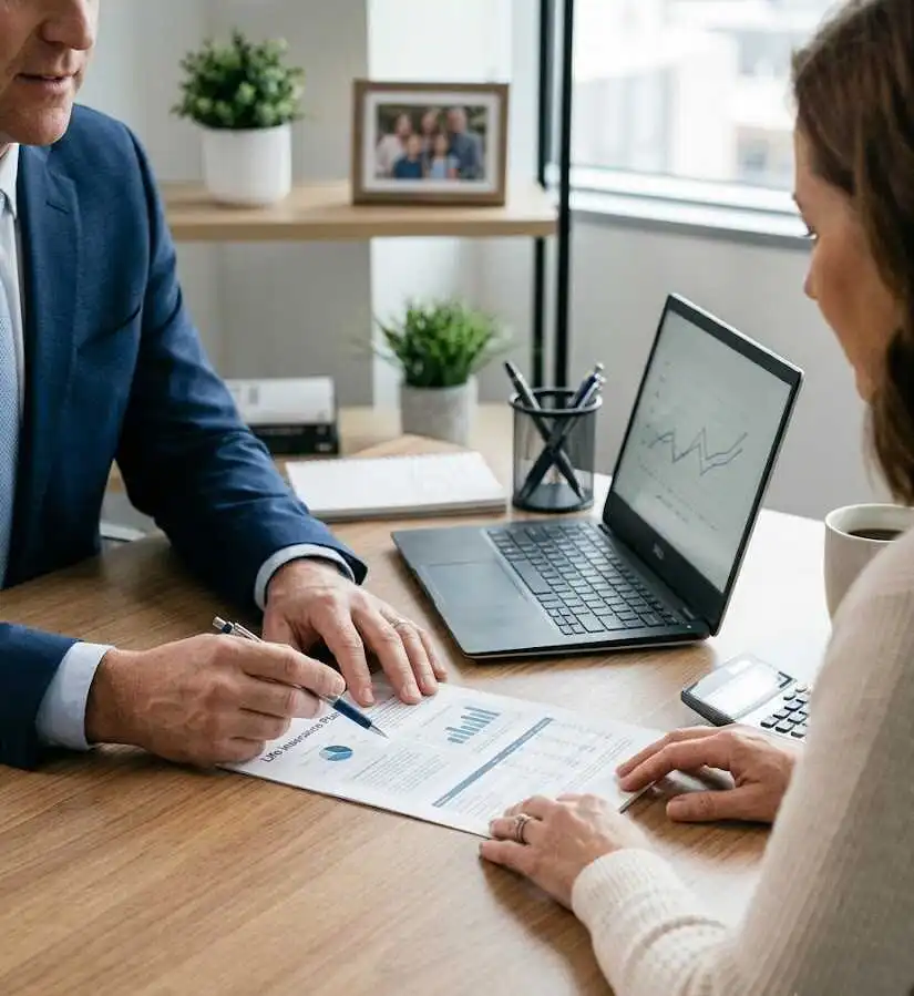 A professional's hand points to life insurance plan details on documents for a client. - Life Insurance Professional -2