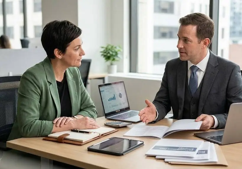 Financial advisor explaining strategy paperwork to entrepreneur at office desk - business owners solutions -1
