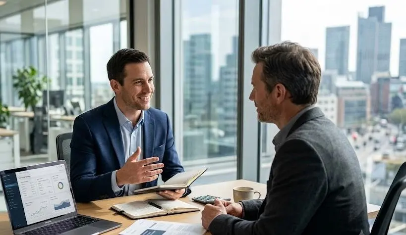 Finance professional meeting with client across modern office desk - business opportunity in finance domain- 1