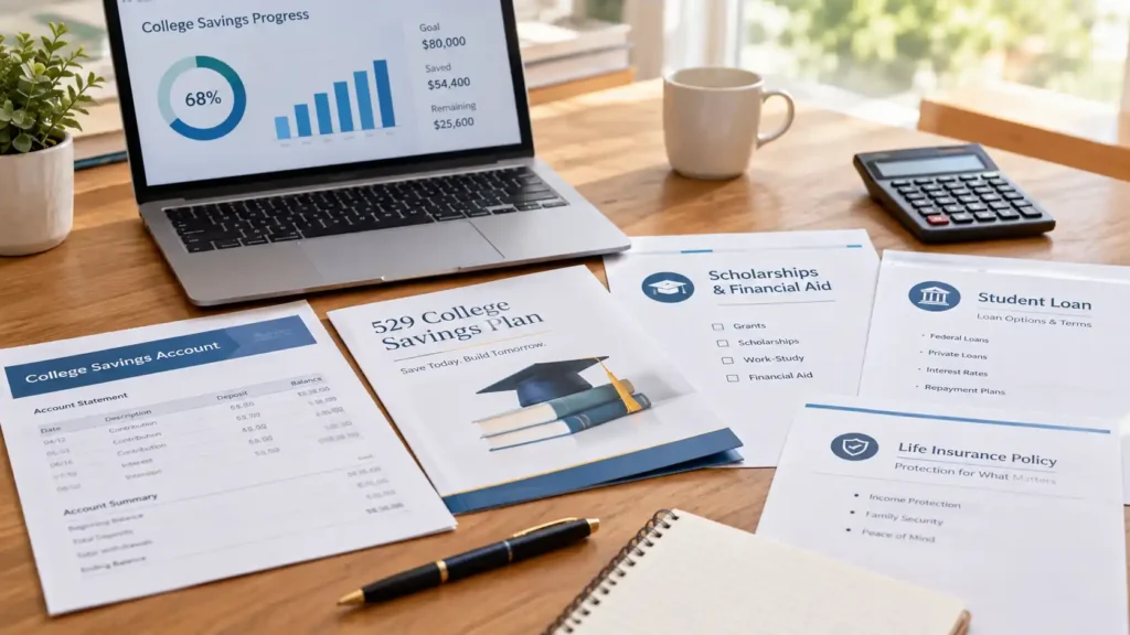 College savings, scholarships, student loans and insurance documents on desk - College Education Funding Strategies -2