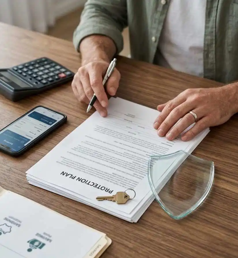 Hands holding a pen over a protection plan document next to a key and clear glass shield - protection strategies -2