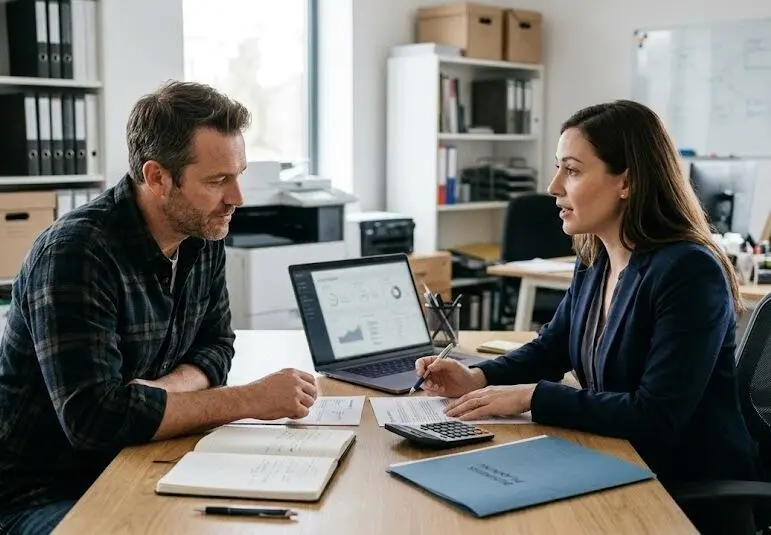 A small-business owner and a protection advisor having a serious planning discussion at a desk in a modern office. - Business protection - 1
