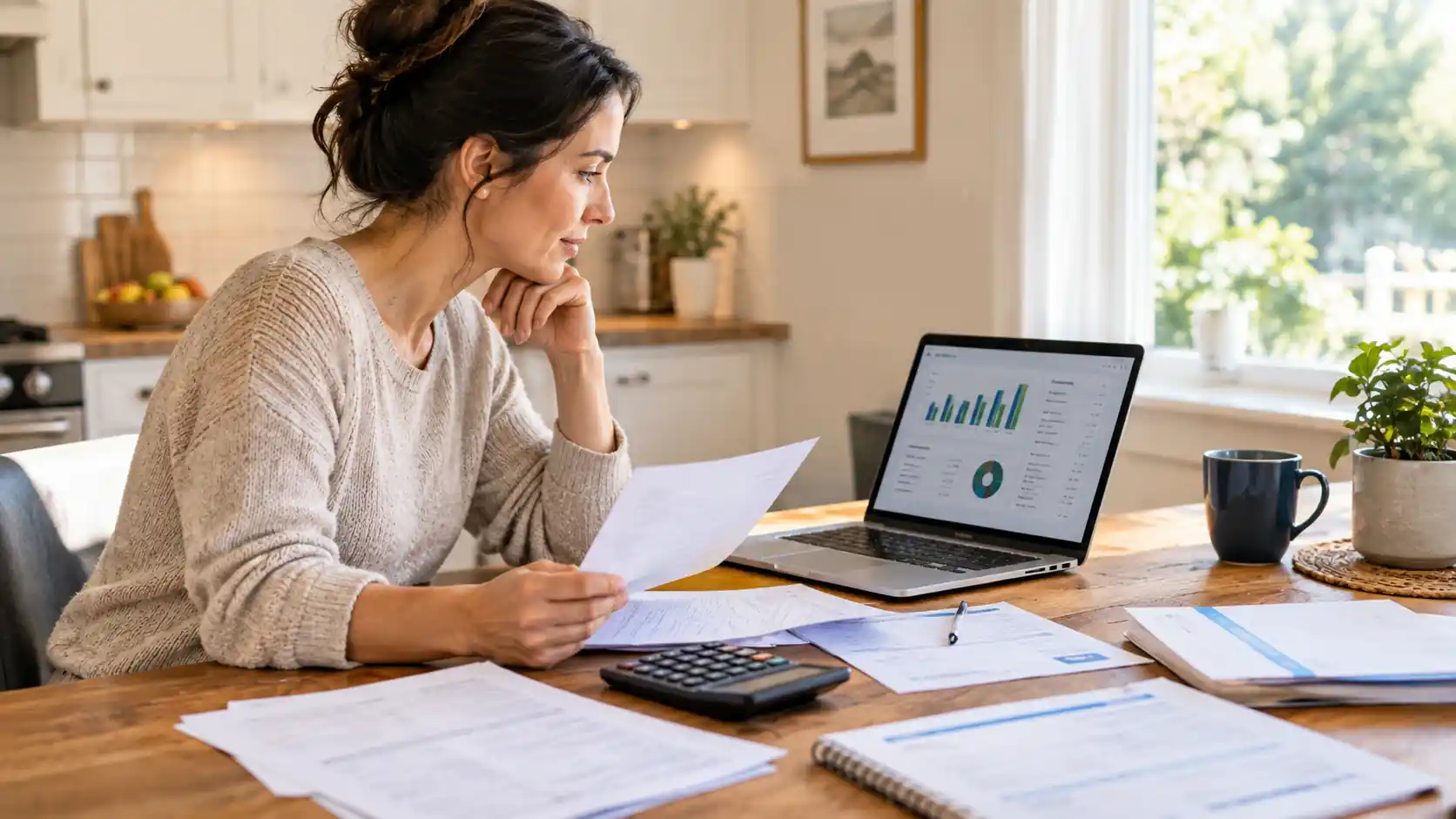 Woman reviewing financial documents and laptop while planning household income and financial protection - Debt Protection and Income Protection 1