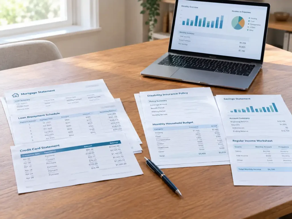 Financial planning desk with loan statements, income protection policy, savings statement and household budget - Debt Protection and Income Protection -2
