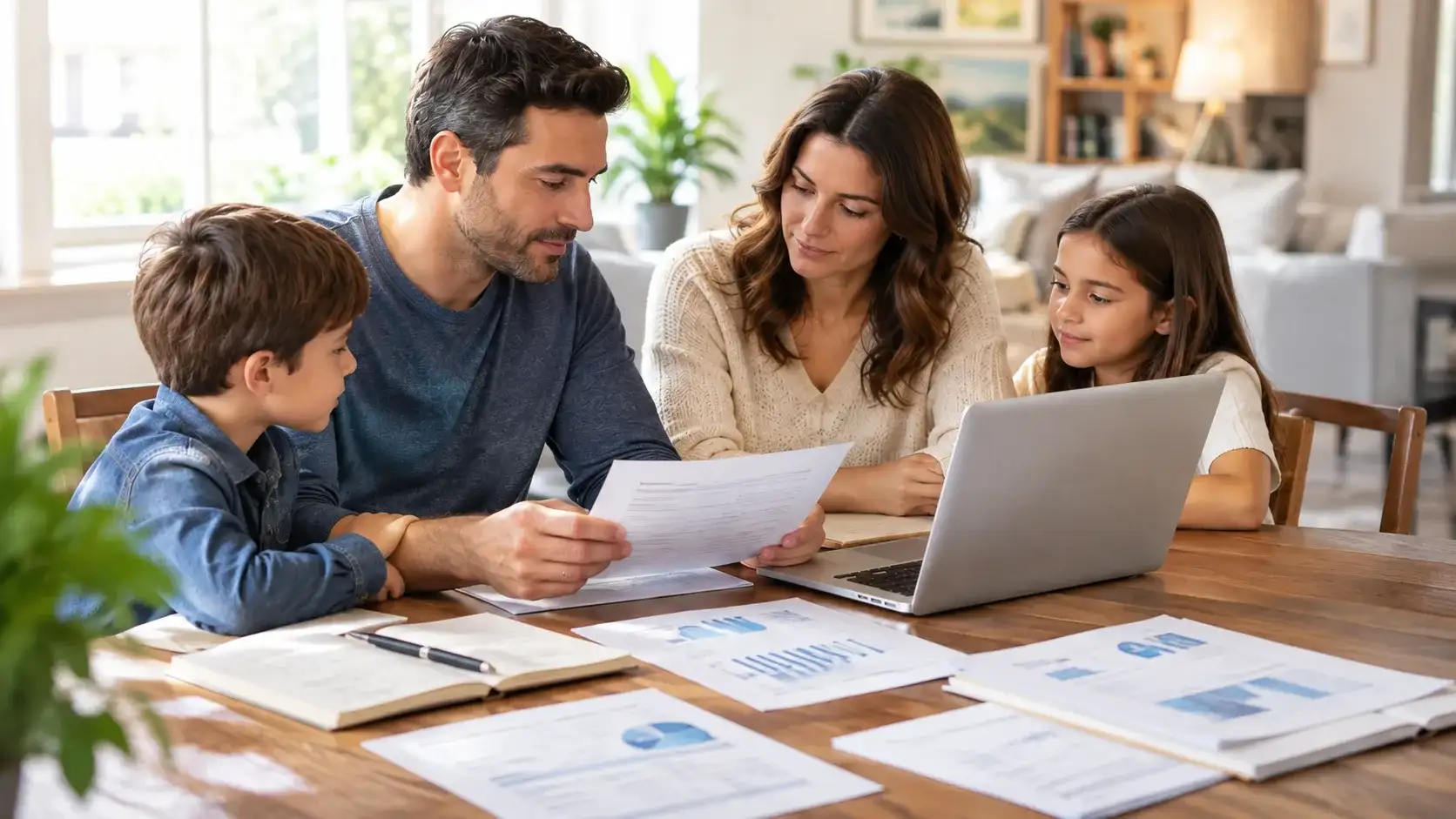Parents and two young children sitting together around a dining table reviewing financial paperwork and insurance policy documents with a laptop - family protection planning- 1