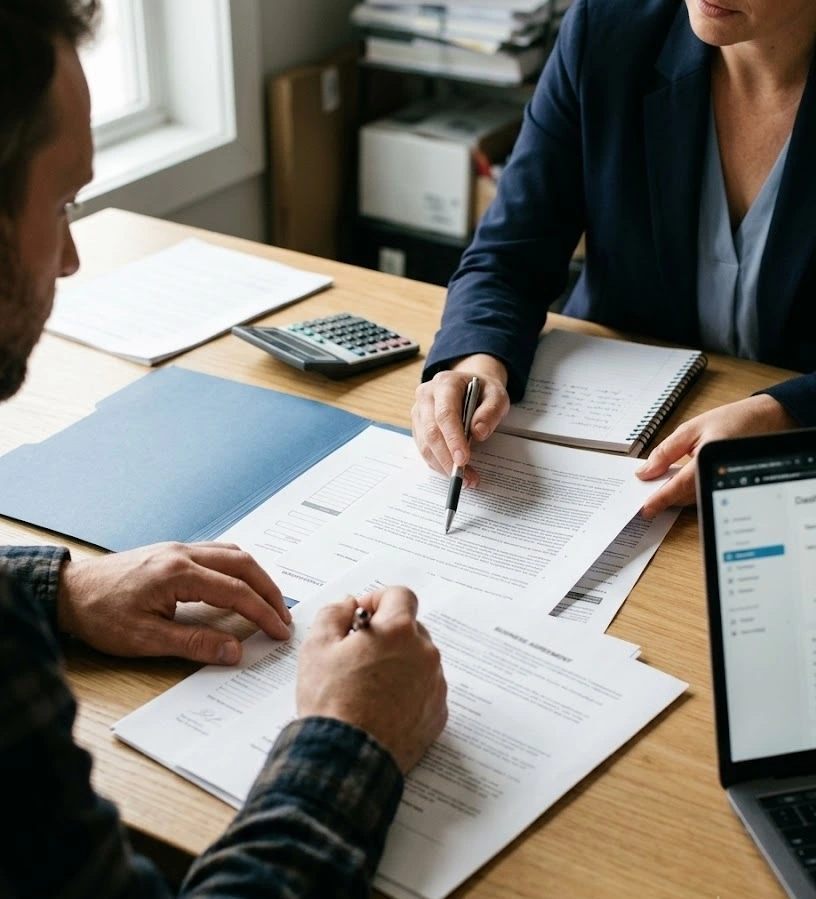 A close-up of a business owner and an advisor pointing to sections of a plan on a desk. - Business protection -  2