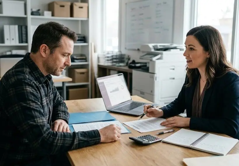 A small-business owner and a professional protection advisor having a serious planning discussion at a desk in a modern office. - Buy & Sell agreement - 1